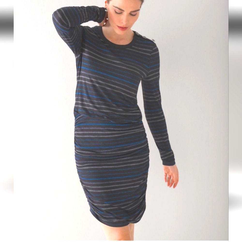 NWT WHBM Black/sapphire Striped Ruched Bouson Lurex Knit Dress, size S